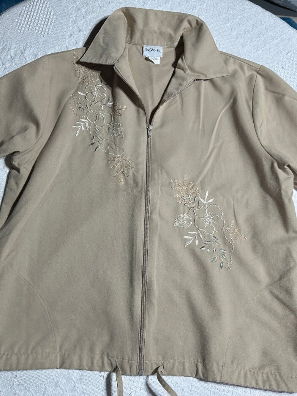 Vintage BonWorth Floral Embroidered Fall Zip Jacket Beige Medium
